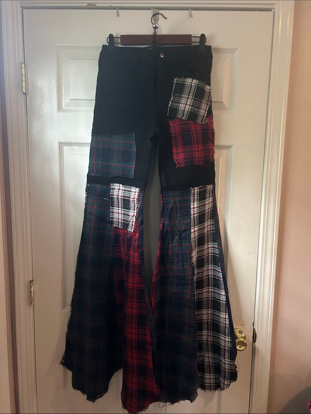 Black Plaid Patchwork Flare Pnat Patchwork Flare Bellbottoms
